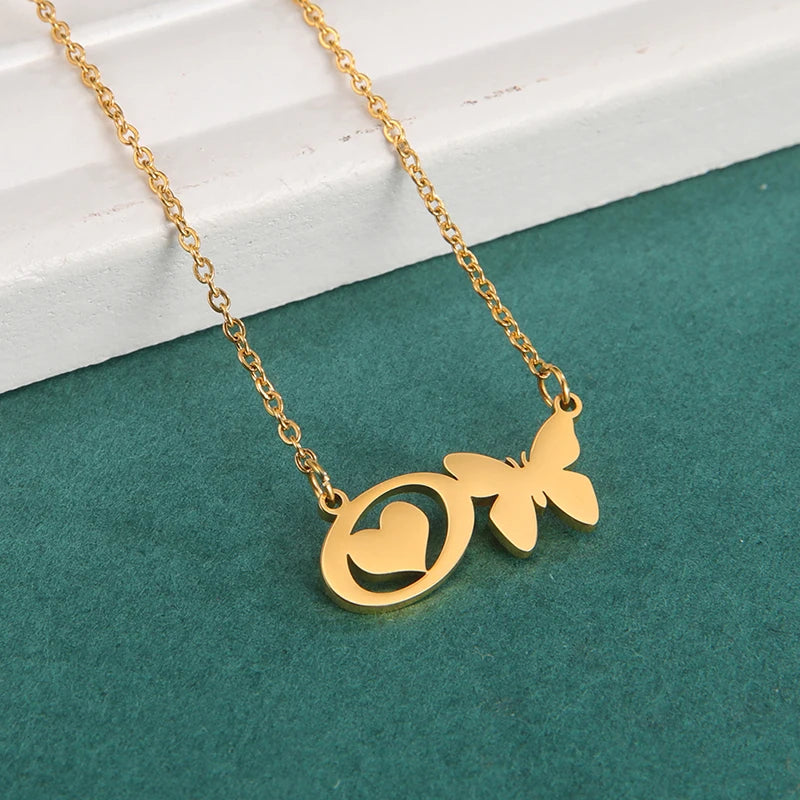New Fashion 26 Initials Letter Pendant Butterfly Necklace for Women Elegant Stainless Steel Gold Color Necklace Jewelry Gift