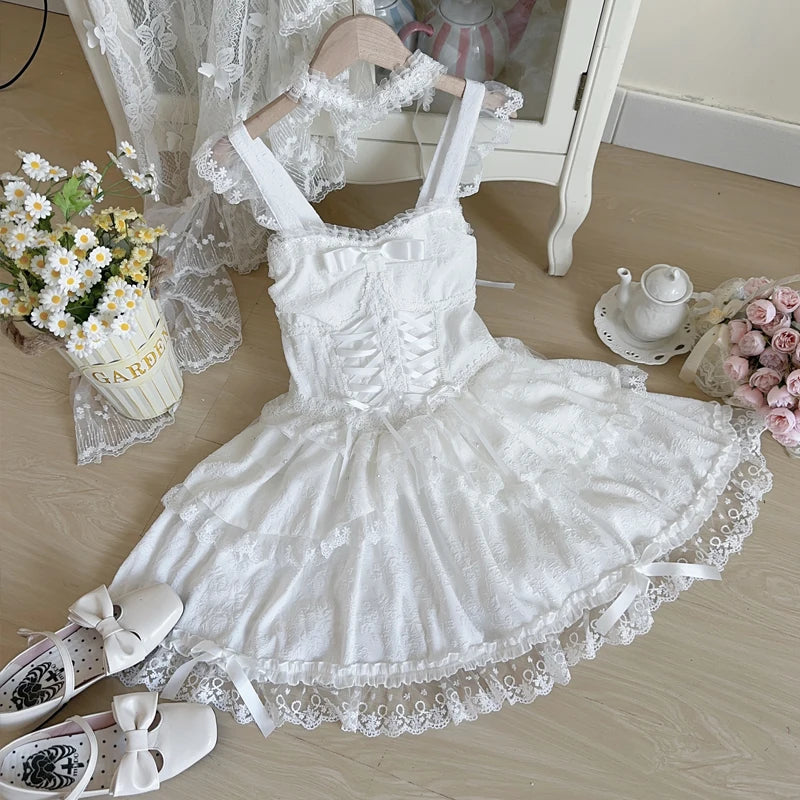 Japanese Sweet Lolita Jsk Dress Women Elegant Ruffles Lace Bandage Princess Strap Dresses Girls Y2k Kawaii Tea Party Mini Dress