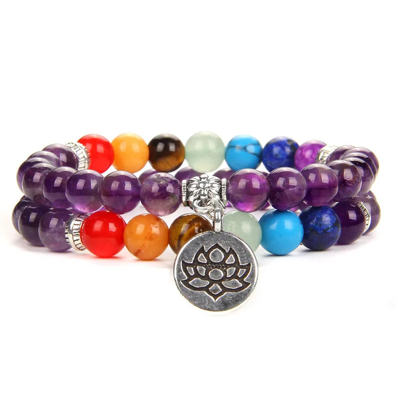 MKENDN 7-Chakra-Armbänder, buddhistisches Lotus-Amulett-Armband, Herren-Armband mit natürlichen Reiki-Steinen und Amethysten, Damen-Yoga-Schmuck