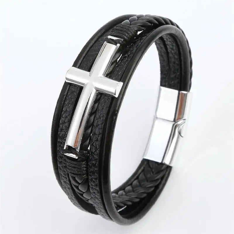 Multicolor Cross Design Classic Metal Clasp Men's Leather Bracelet 19/21/23cm Choose Handsome Christmas Gifts Male Jewelry
