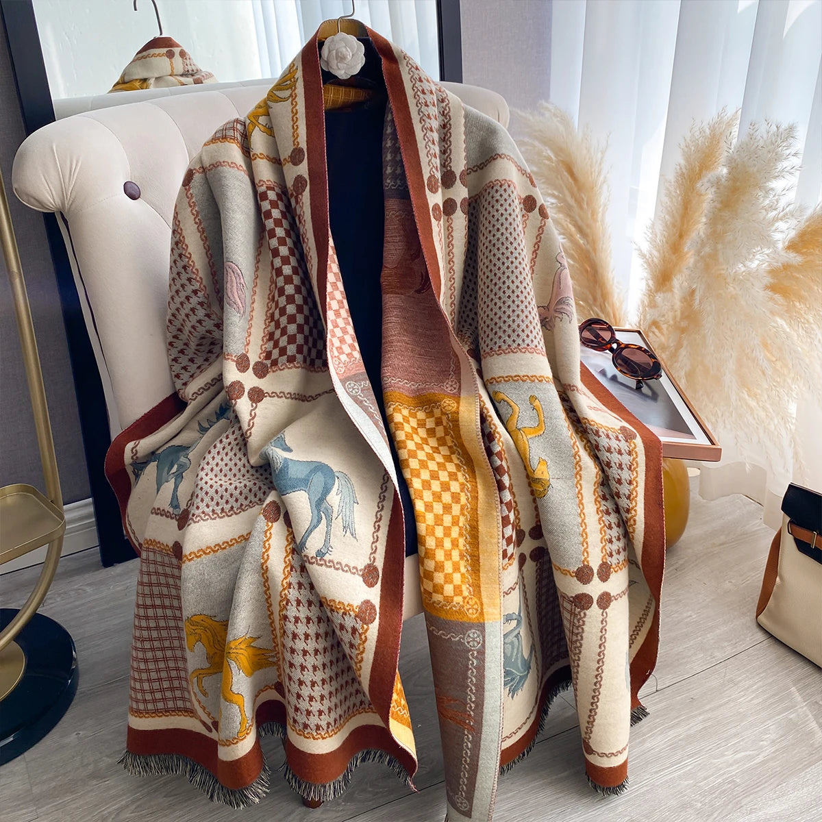 New Women Imitation Cashmere Two Sided Horse Print Scarf Soft Warm Pashmina Shawl Autumn Winter Coldproof Windproof Blanket
