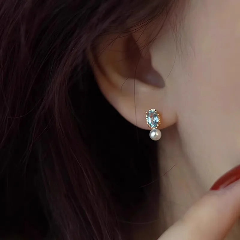 925 Sterling Silver Blue Zircon Pearl Stud Earrings for Women Korean Simple Temperament Jewelry Accessories