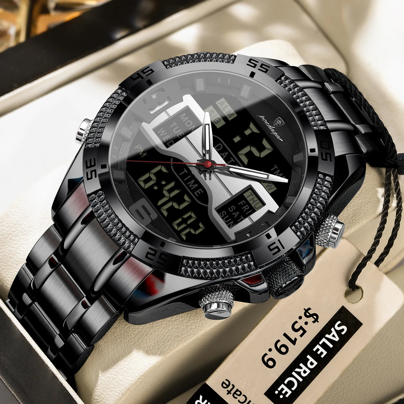 POEDAGAR Sports Luxury Man Wristwatch Dual Time Display Digital Week Date LED Luminous Men Watch Electronic Quartz Men's Watches