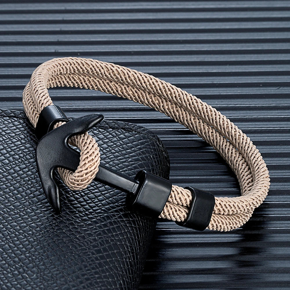 MKENDN Anker-Armbänder für Herren, doppelsträngiges nautisches Überlebensseil-Armband für Damen, schwarze Sportschnalle, wasserdichter Schmuck