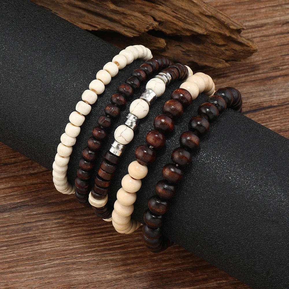 4Pcs/ Set Braided Wrap Leather Bracelets for Men Vintage Life Tree Rudder Charm Wood Beads Ethnic Tribal Wristband Rope Bracelet