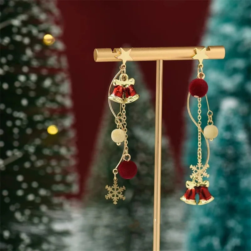 Vintage Wine Red Flocking Bowknot Drop Earring For Women Zircon Snowflake Christmas Tree Pearl Long Tassel Earring Party Jewelry