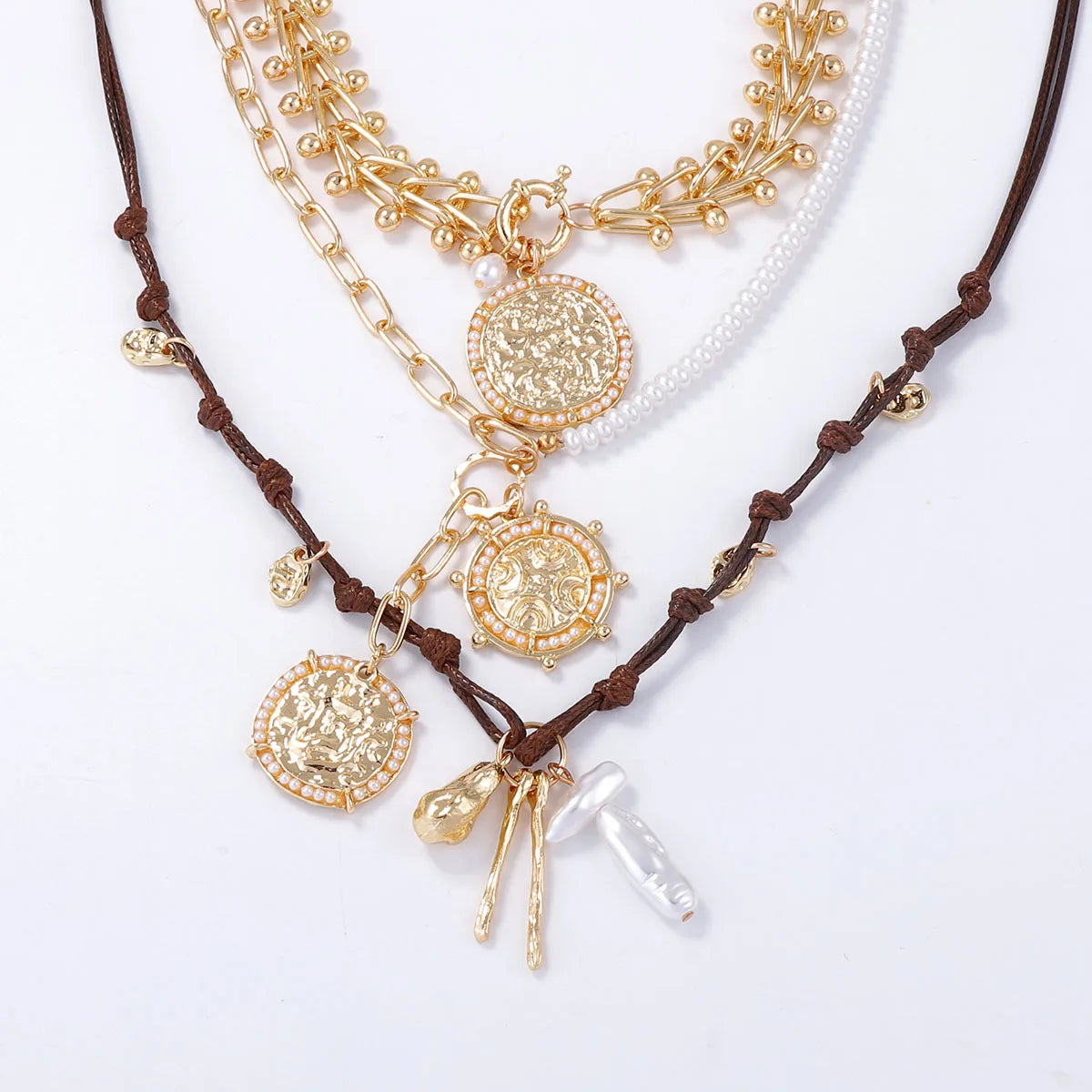 ZAA Retro Personalized Geometric Badge Imitation Pearl Pendant Women's Multi Layer Necklace