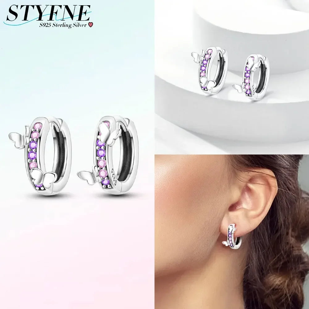 925 Sterling Silver Earrings Women Jewelry Butterfly Flower Pink Flowers Zircon Hoop Ear Studs Sparkling Earring Wedding Gift