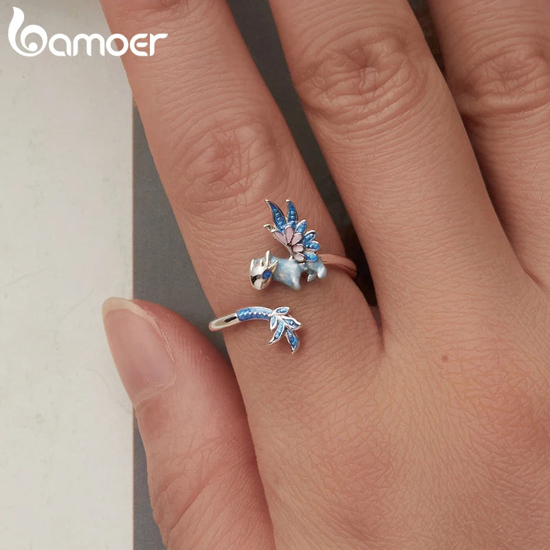 BAMOER 925 Sterling Silver Dragon Ring Adjustable Cute Animal Lover Jewelry Birthday Gifts for Women SCR1135-E