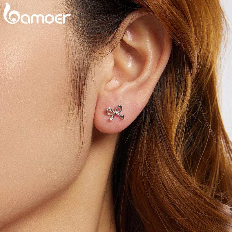 BAMOER Solid 925 Sterling Silver Bow Stud Earrings for Women Teens, White Gold Plated Small Ribbon Bowknot Stud Earrings SCE1838
