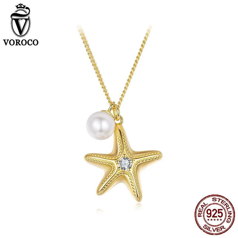 BISAER 925 Sterling Silver Starfish Pearl Pendant Adjustable Chain Plated 14K Gold for Woman Party Summer Beach Fine Jewelry