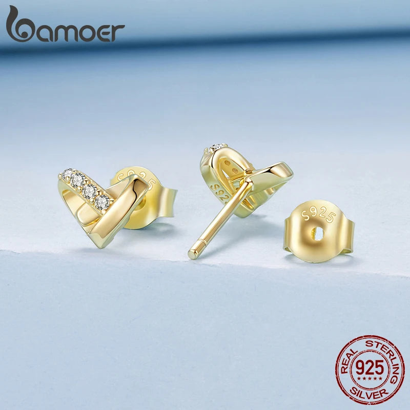 BAMOER 925 Sterling Silber Mini Gold Herz Ohrstecker mit Zirkonia-Besatz, hypoallergen, für Damen, zeitloses Schmuckgeschenk