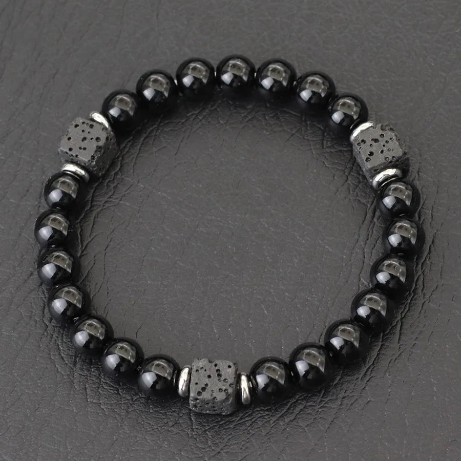Neues 2-teiliges Herren-Schmuckset: 48 cm lange Choker-Halskette, 8 mm großes Armband mit Lava-Onyx-Obsidian-Perlen, Meditations- und Heilschmuck für Herren
