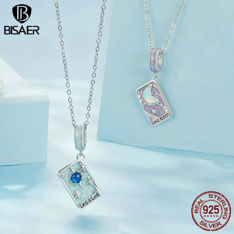 BISAER Pendentif en argent sterling 925 avec breloque en forme d'étoile et de carte de tarot pour femme, bijoux fins, cadeau