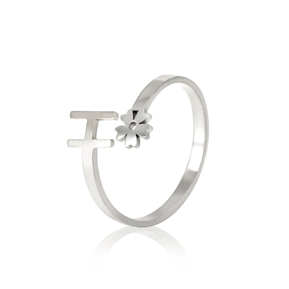 Stainless Steel Flower 26 Alphabet Open Ring for Women A-Z Initial Name Ring 2022 New Fashion Jewelry for Birthday Gift