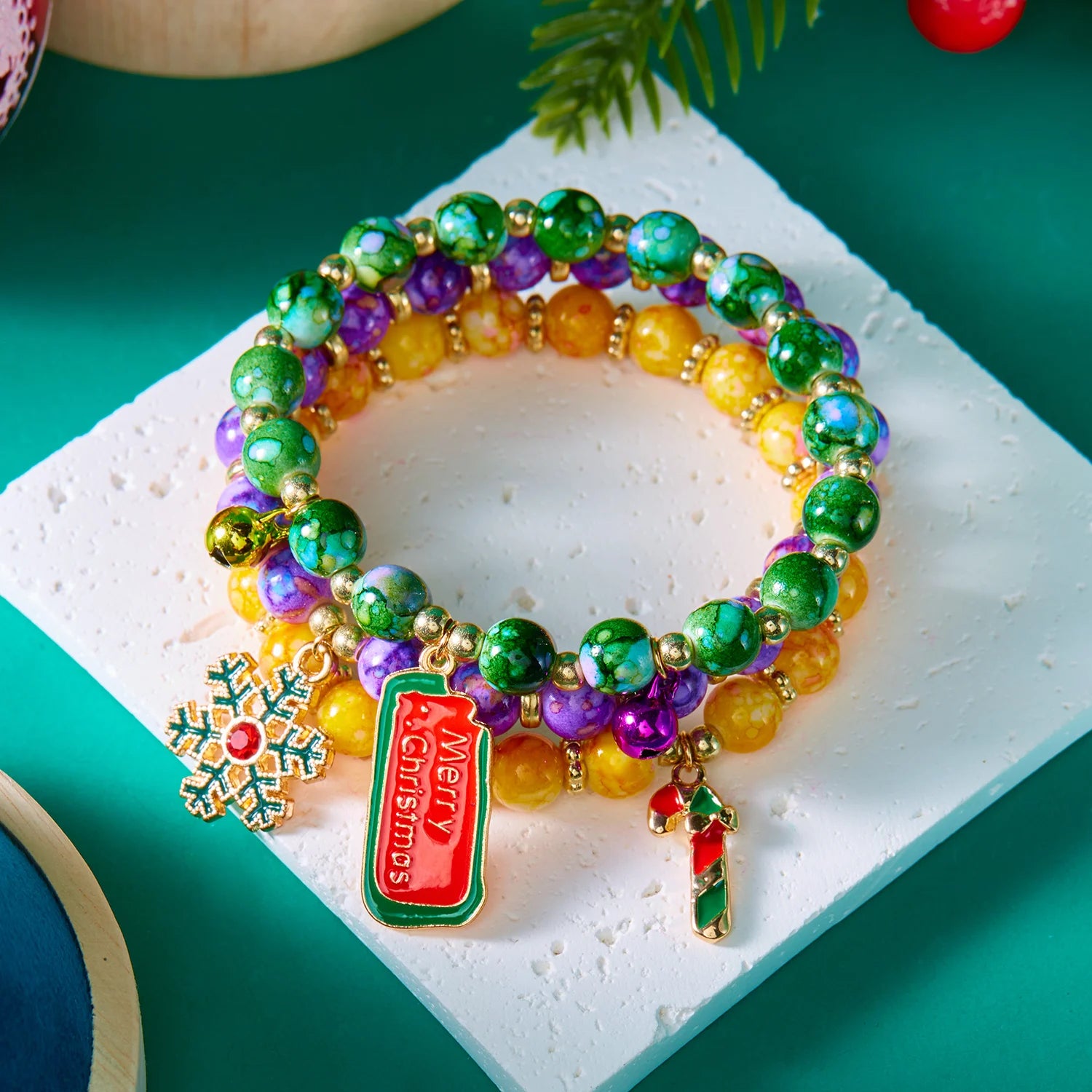 3Pcs Christmas Bracelet Set For Women Colorful Beaded Santa Claus Xmas Tree Snowflake Snowman Pendant Bracelets Festival Gifts