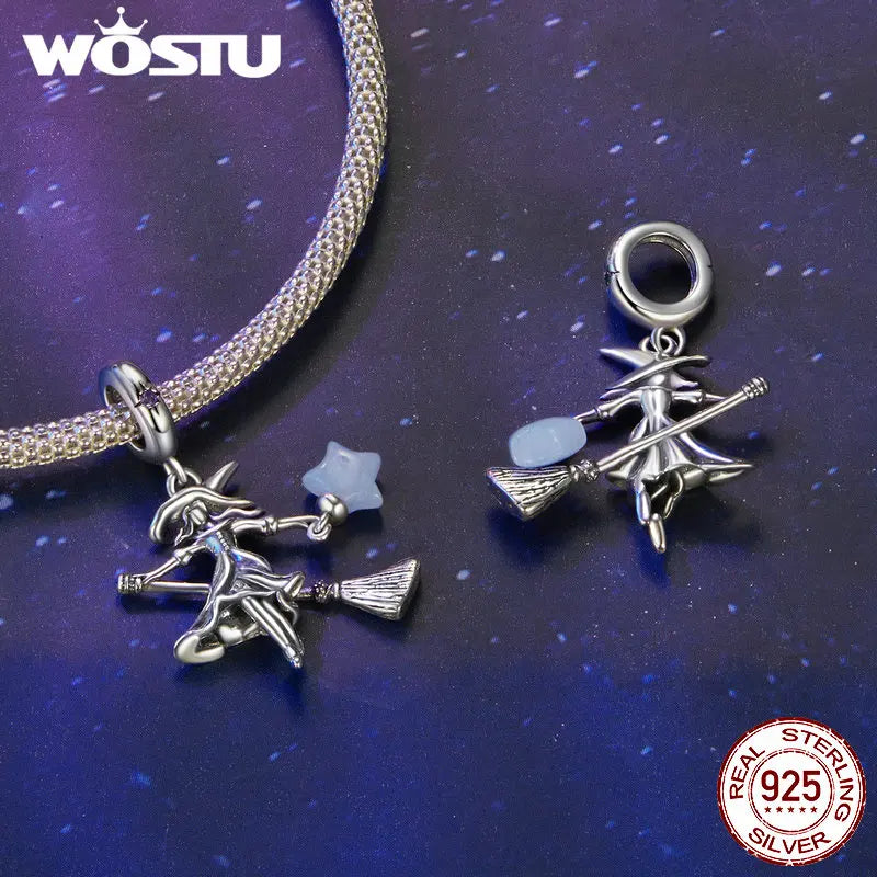 WOSTU 925 sterling silver Luminous Pumpkin Charms Elf Witch Pendant Devil's Eye Skull Beads Fit DIY Bracelet Necklace Halloween