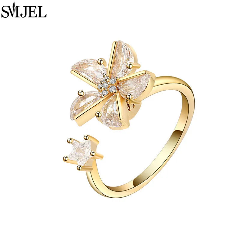 Korean Fashion Anxiety Fidget Spinner Rings for Women Crystal Rose Sunflower Butterfly Rotating Mood Ring Girls Wedding Jewelry