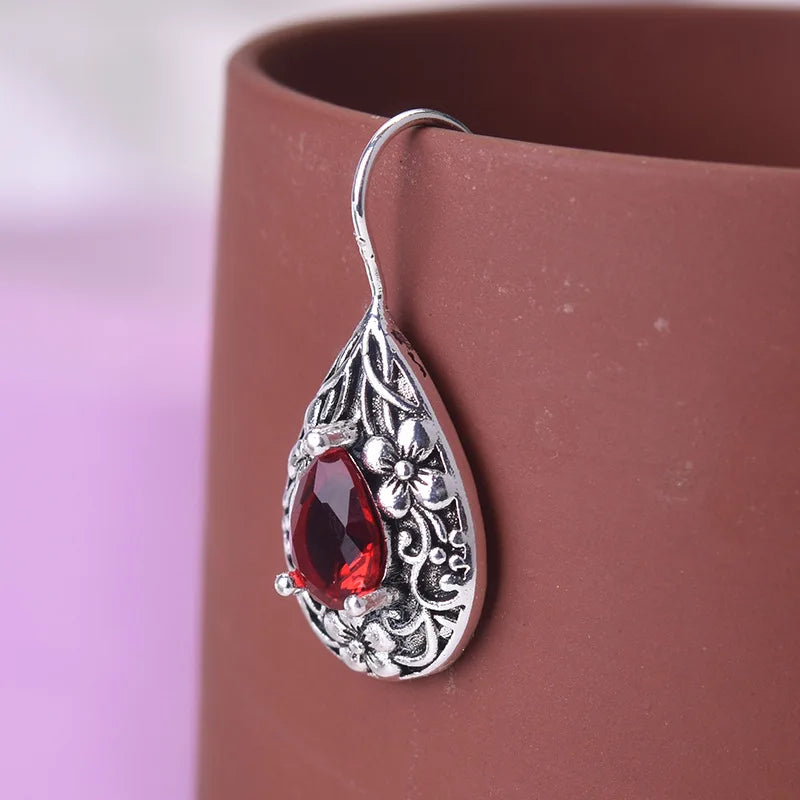 Natural Ruby Earrings for Women 925 Silver Water Drop Pear Earrings Carved Red Topaz Gemstone Garnet Earrings Luxury Jewelry