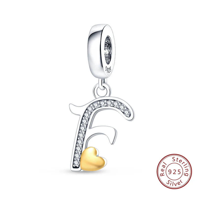 Classic 925 Sterling Silver 26 Gold Color Heart Zircon Letter A-Z Charms Beads Fit Original Bracelets DIY Birthday Jewelry Gift