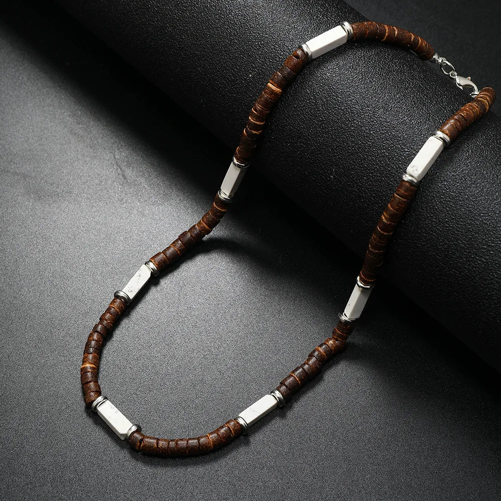 Vintage Bohemian Summer Jewelry Ethnic Style Jewelry Brown Coconut Shell Wood Beads Natural Stone Necklace Men's Jewelry