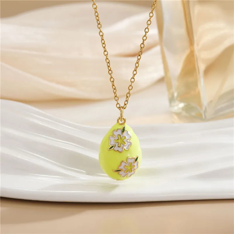 Fashion Easter Egg Enamel Zircon Pendant Necklace Stainless Steel Chains Geometric Choker Jewelry Gifts For Women Girls