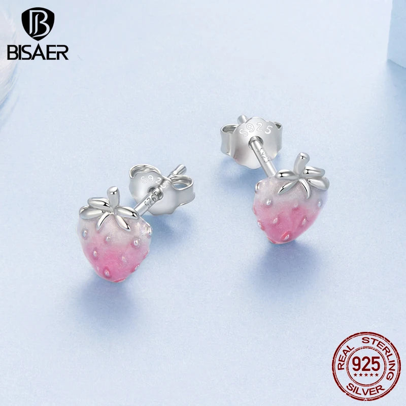BISAER 925 Sterling Silver Strawberry Stud Earrings Gradient Pink Enamel Stud Ear Plated White Gold for Women Party Fine Jewelry