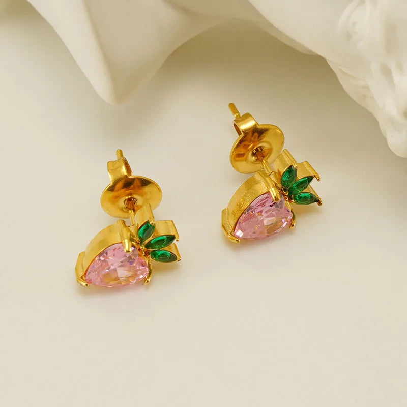 INS Sommer 18K Gold Farbe Edelstahl Rosa Zirkonia Obst Ohrstecker Wasserdicht Niedlich Post Ohrring Schmuck Geschenk