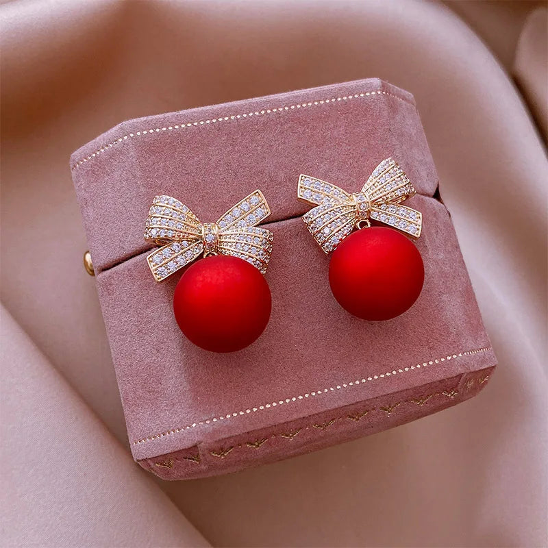 Luxury Gold Color Zircon Bowknot Stud Earrings For Women Red Pearl Flower Festive Earring Girls New Year Christmas Jewelry Gifts - Madeinsea©