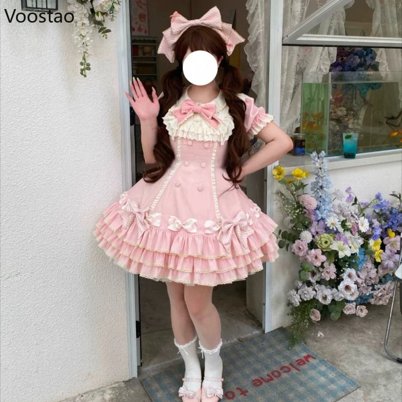 Japanese Sweet Lolita OP Dress Women Vintage Kawaii Lace Puff Sleeve Bow Princess Party Dresses Girl Y2k Cute Evening Cake Dress