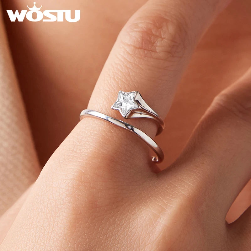 WOSTU 925 Sterling Silver Double Layer Star Opening Ring For Women,