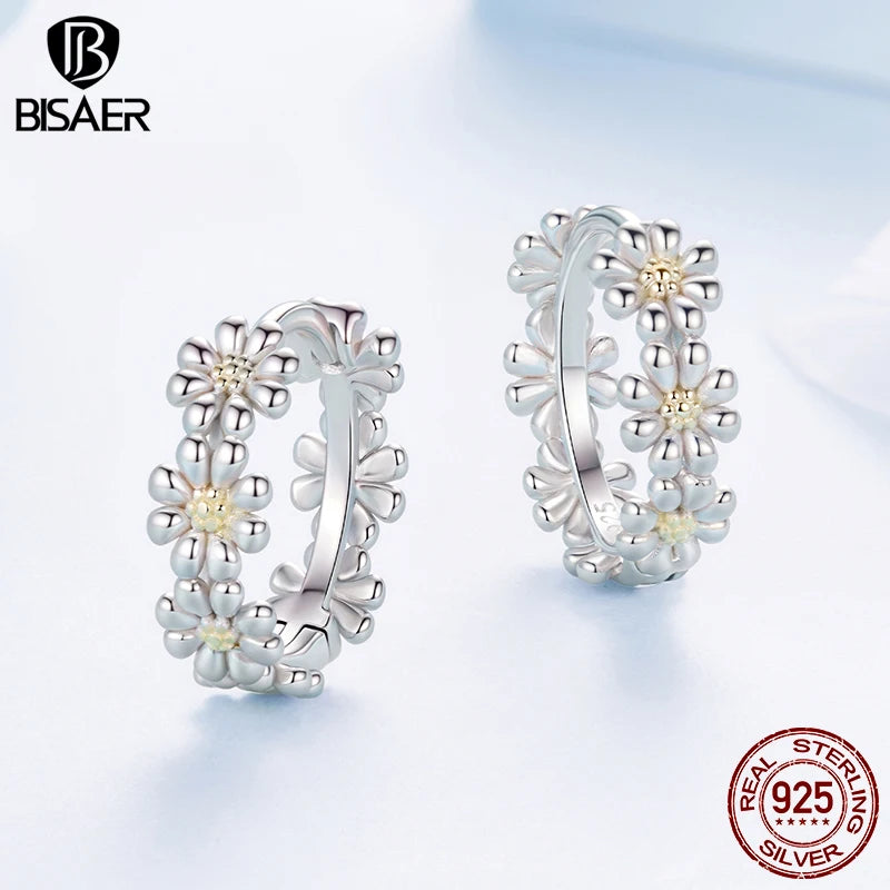 BISAER 925 Sterling Silver Daisy Hoop Earrings Two-tones  Minimalist Earrings 14K Gold Plated for OL Women Party Fine Jewelry