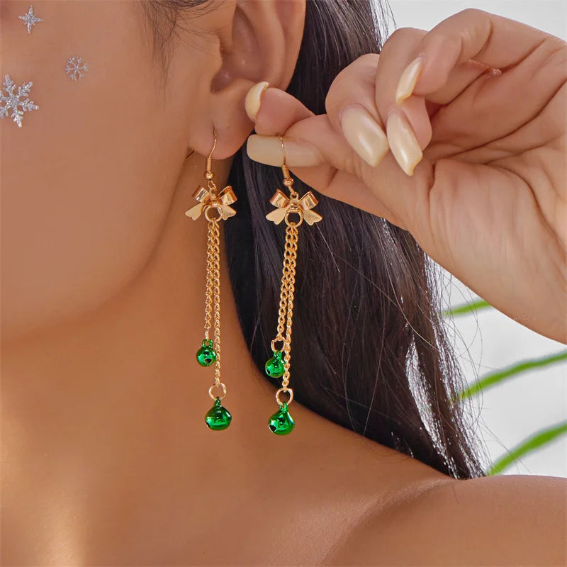 Fashion Christmas Red Green Bell Pendant Earrings for Women Exquisite Bowknot Long Tassel Dangle Earring New Year Xmas Gifts