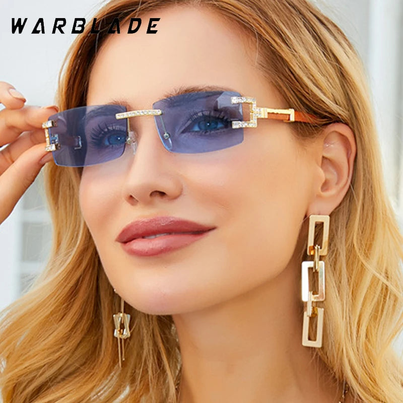 Fashion Women's Vintage Rectangle Rimless Diamond Sunglasses Small Female Shades Rhinestone Square Gradient Colors Eyewear UV400