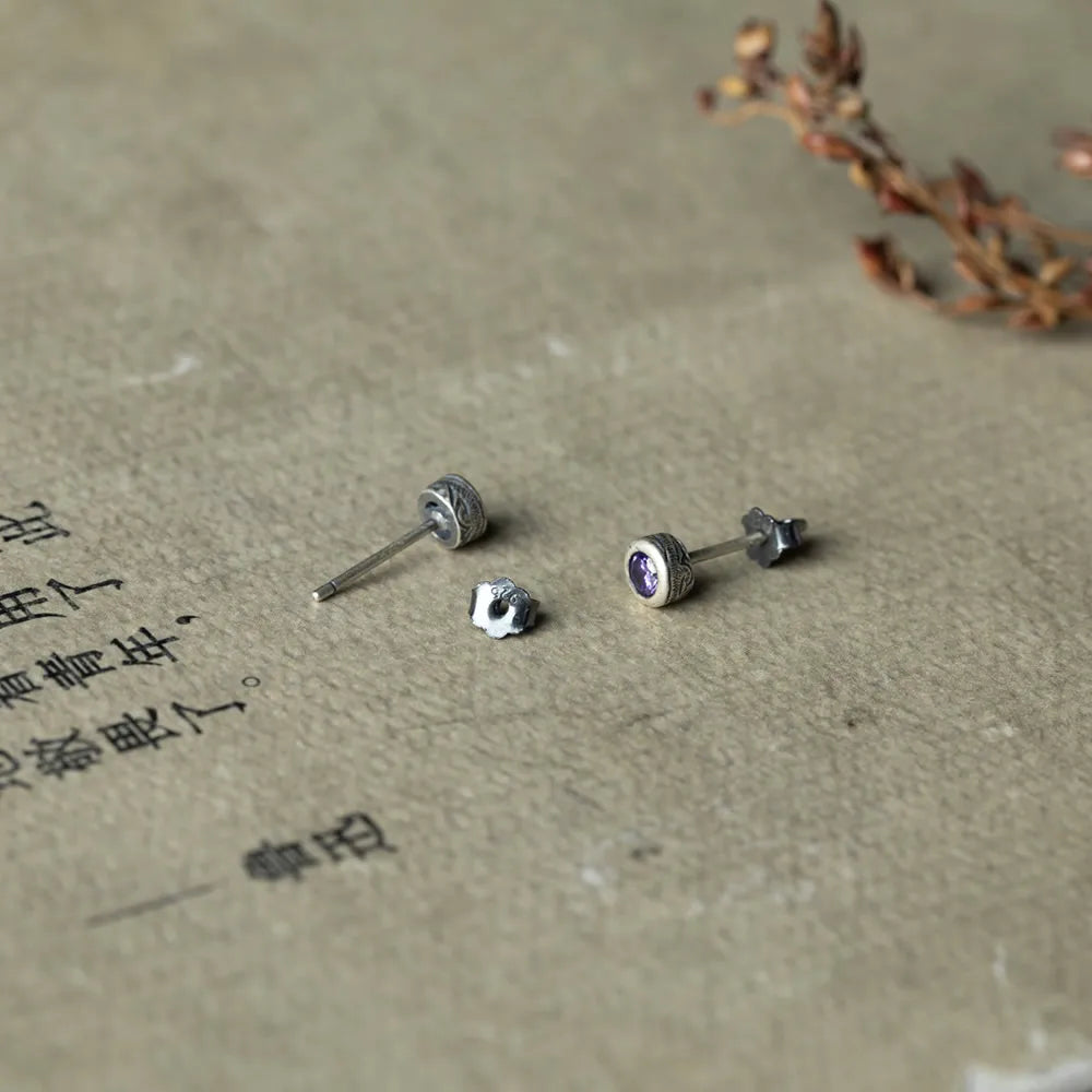 MKENDN 100% 925 Sterling Silver Creative Retro Round Purple Zircon Stud Earring Punk Gothic Style Ear Pin for Men Women Jewelry