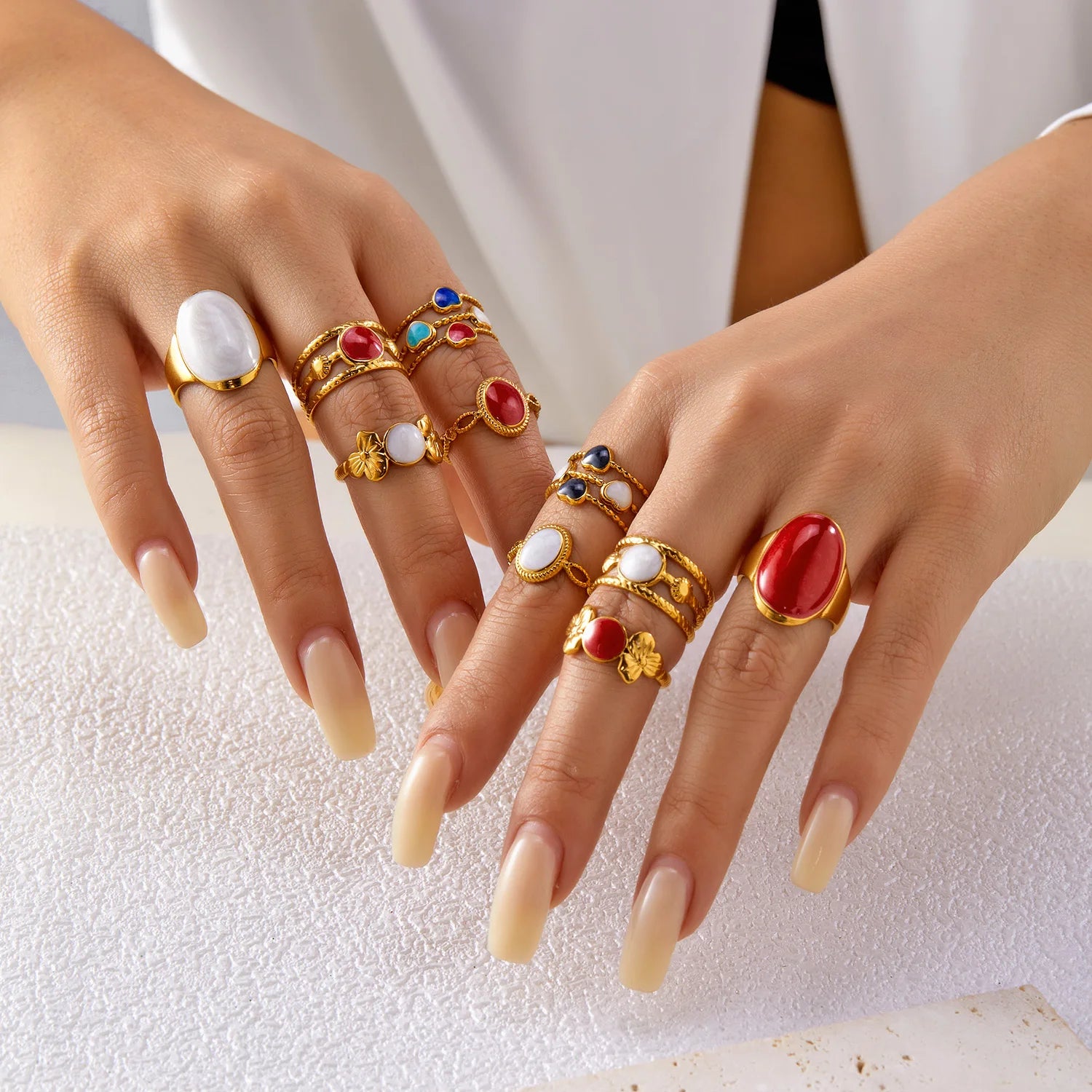 Stainless Steel Gold Color Ring for Women Vintage Dripping Oil Heart Shape Opal Opening Adjustable Finger Ring Party Jewelry