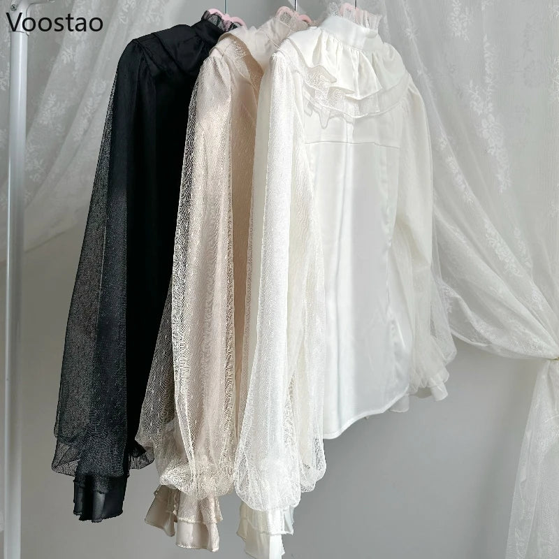 Gothic Y2k Shirts Women Vintage Lolita Style Lantern Sleeve Blouses Girls Victorian Sweet Mesh Ruffles Tops Punk Blusas Mujer