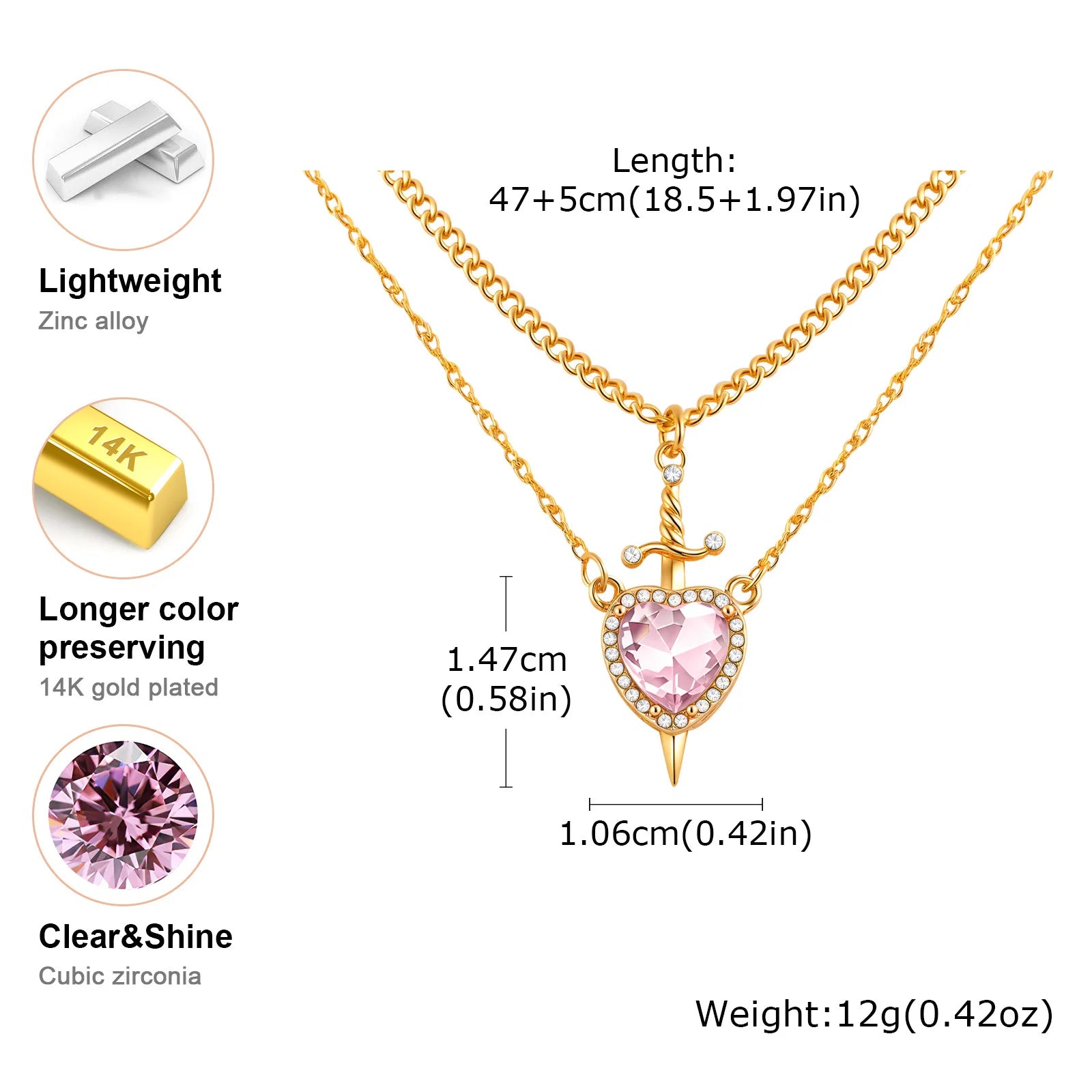 Vnox 2pcs Pendant Necklace For Women Men Zircon Heart And Sword Can Assemble Love Couple Gold Plated Choker Charm Jewelry Gifts