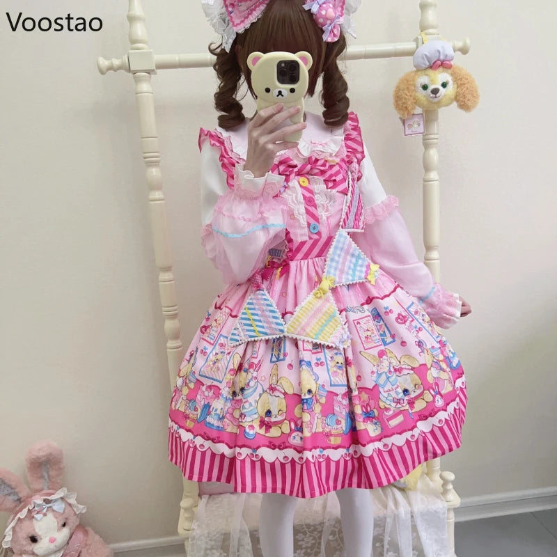 Japanisches Sweet Lolita Kleid Damen Niedliches Cartoon-Hasen-Dessert-Print Schleife Party Minikleider Mädchen Gothic Kawaii Prinzessinnenkleider