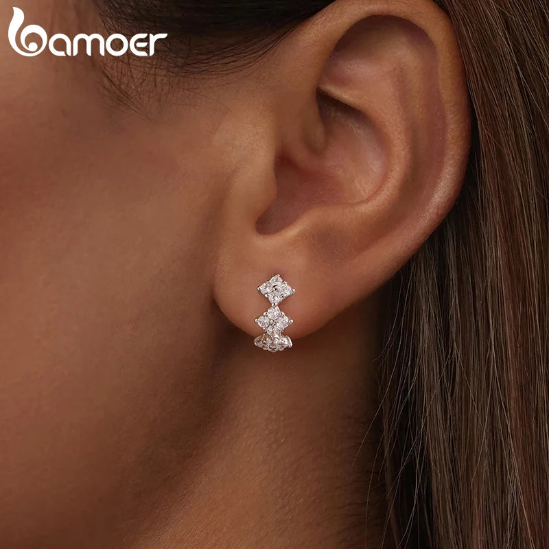 BAMOER 925 Sterling Silver Four-Leaf Clover Hoop Earrings for Women, Full CZ Cartilage Huggies Earrings Delicate Jewelry Gift