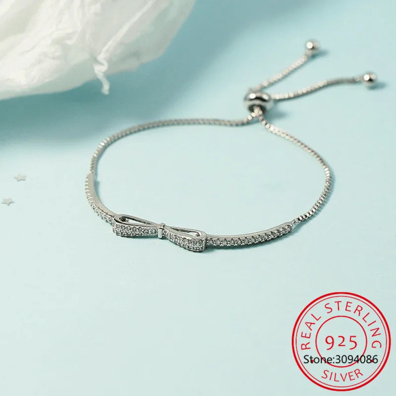 Real 925 Sterling Silver Bowknot Bracelet for Women Shiny Zircon Tennis Hard Bracelet Homme Wedding Party Jewelry Gifts