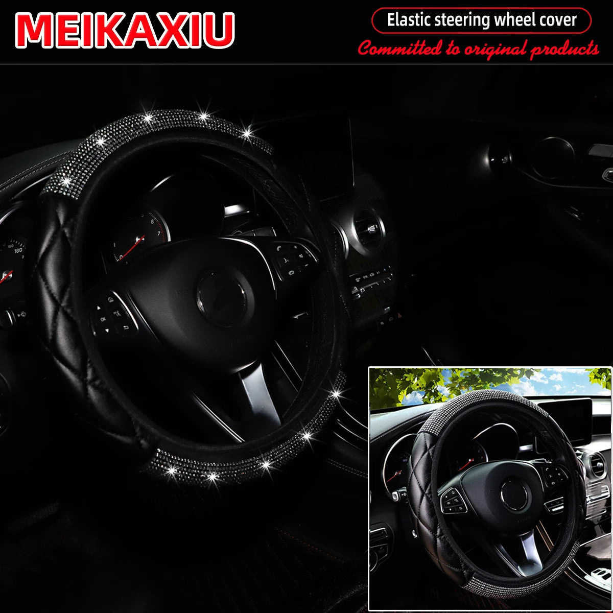 Soft PU leather diamond-encrusted sparkling car steering wheel cover without inner ring, suitable for women of 38cm15inch