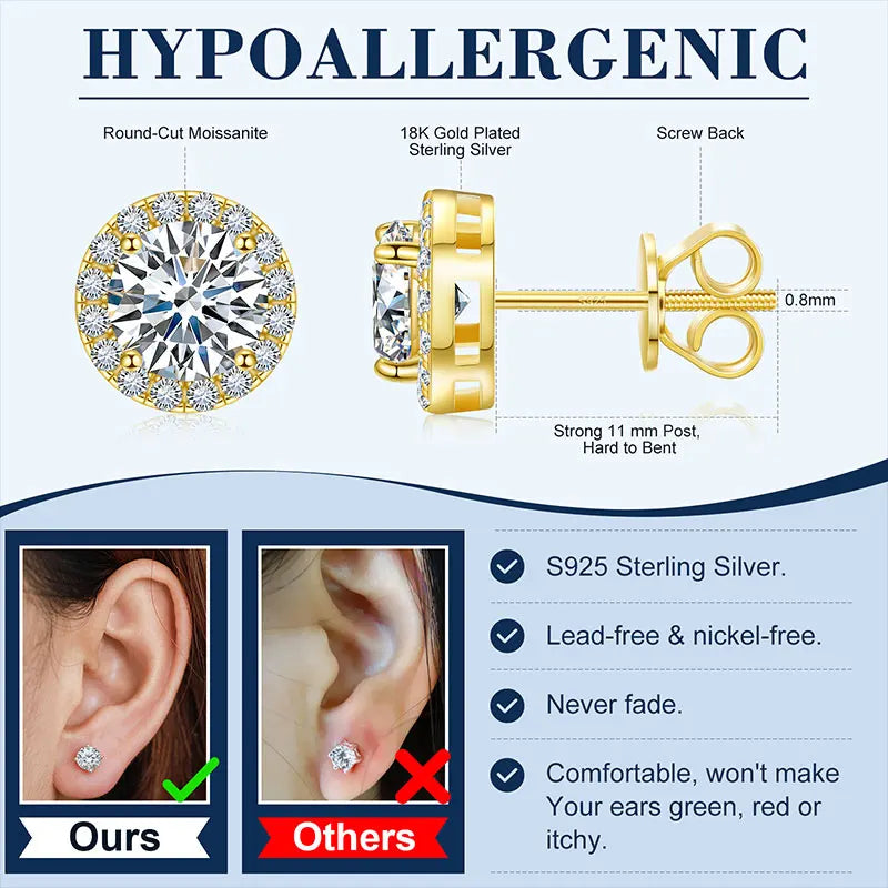 Boucles d'oreilles unisexes classiques rondes en moissanite VVS1 pour femme, bijoux fins de luxe, diamants de laboratoire, argent 925, cadeau idéal pour un mariage