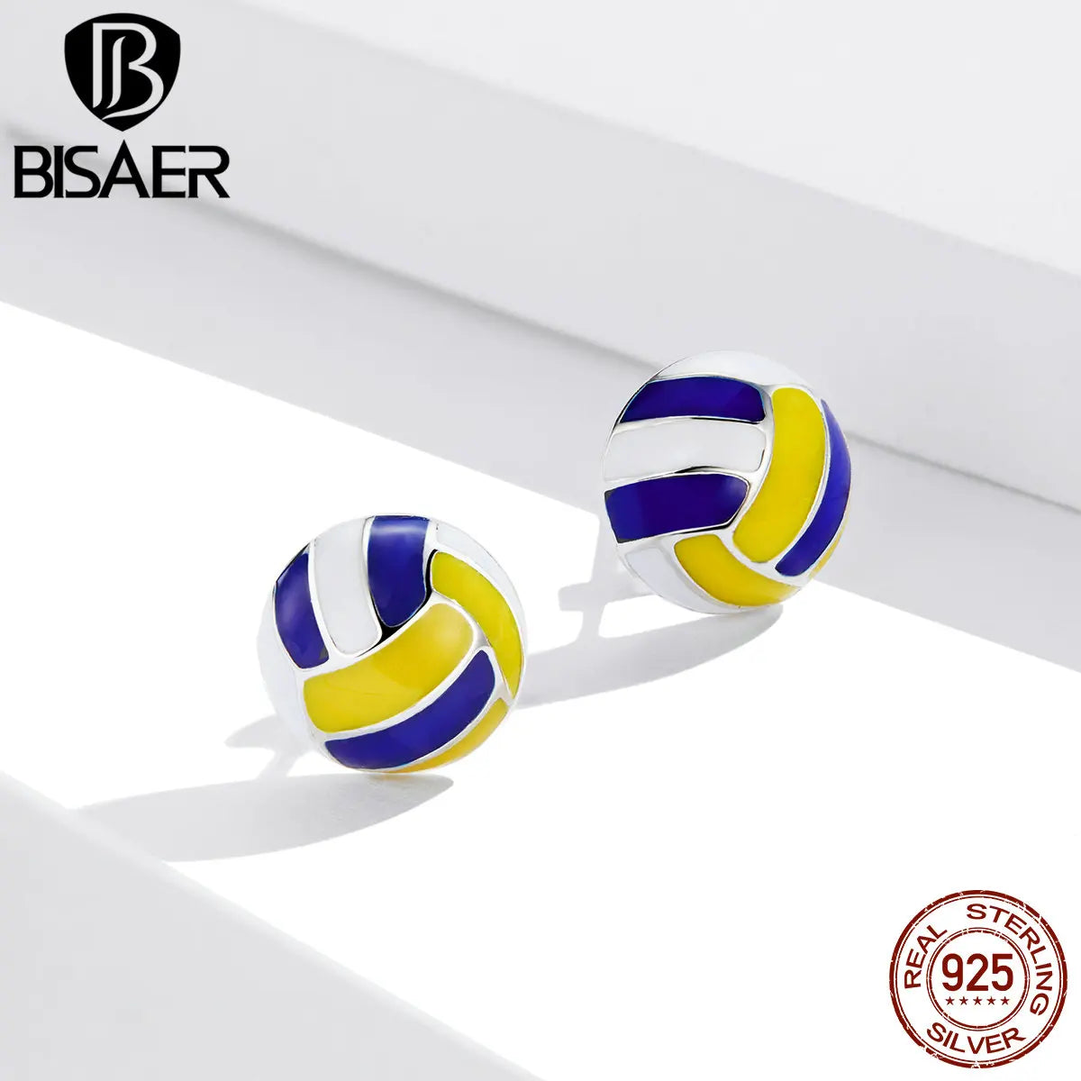 BISAER 925 Sterling Silver Ball Stud Earrings Basketball Baseball Football Volleyball Stud Ear for Women Party Fine Jewelry Gift