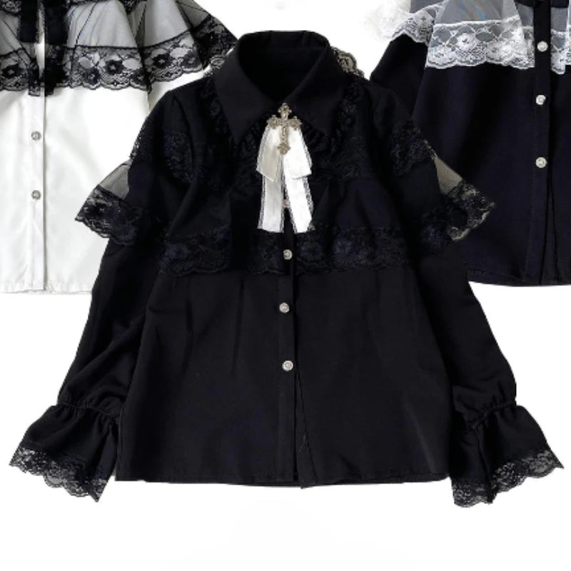 Gothic Y2k Lolita Style Shirts Women Kawaii Lace Ruffles Long Sleeves Blouse Female Japanese Victorian Vintage Clothes Cute Tops