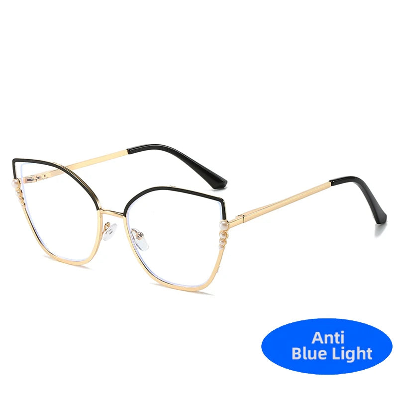 High Quality Metal Computer Glasses Frame Women Men Anti Blue Light Pearl Cat Eye Eyewear Blocking Optical Spectacle Eyeglass