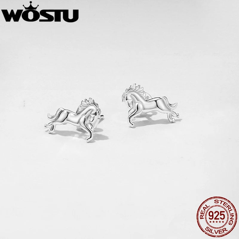 WOSTU Real 925 Sterling Silver Horse & Heart Chain Bracelet Stud Earrings For Women, s925 Silver Unique Horse Lover's Gift Set
