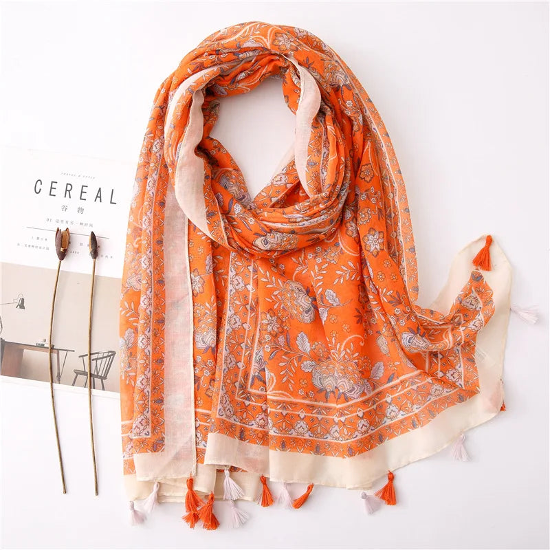 2024 Designer Brand Women Scarf Classical Print Lady Shawls Cotton Feeling Soft Oversize Hijabs Neck Headband Tassel Foulard