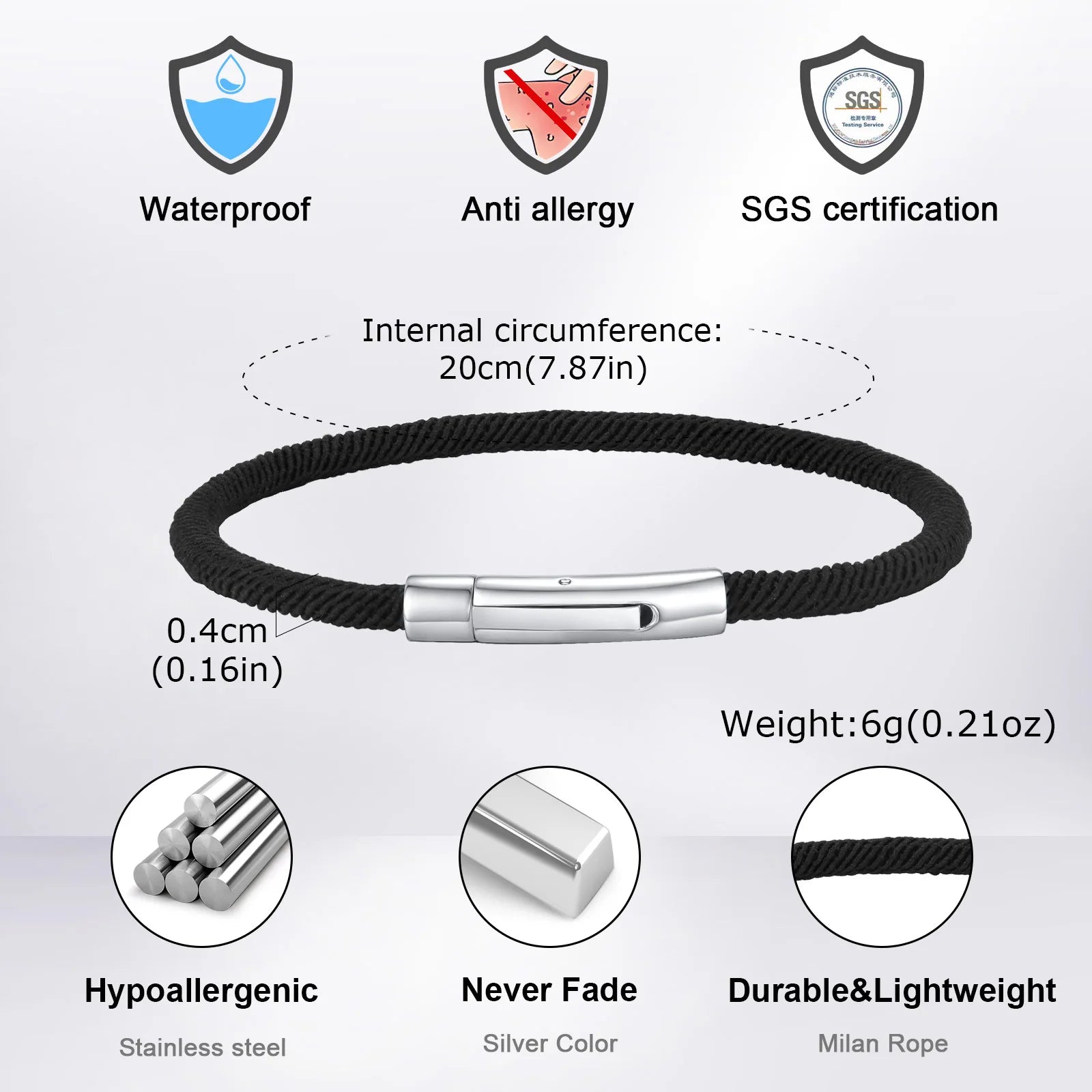 Bracelet Vnox Simple Classic noir à maillons en corde de Milan pour hommes et garçons, fermoir à boucle en acier inoxydable, bijou de poignet