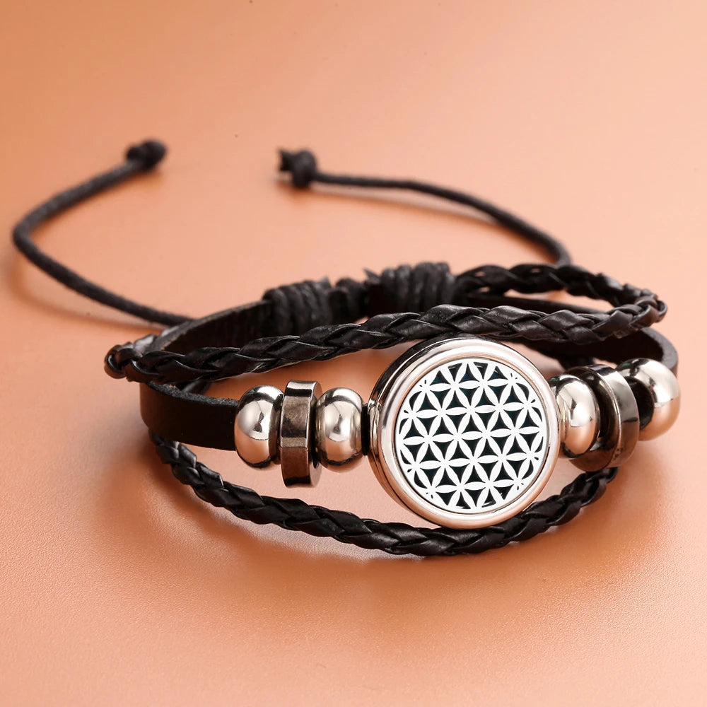 Black Leather Aromatherapy Bracelet Bangle Adjustable Leather Bracelet Perfume Essential Oil Diffuser Bracelet Locket Jewelry